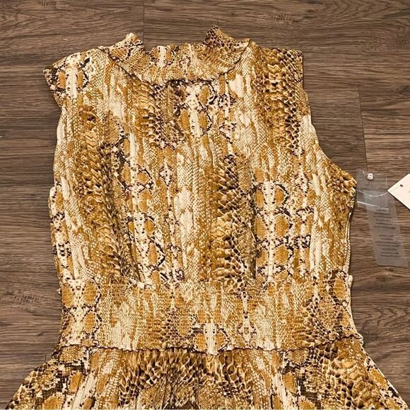 NWT Nanette Lepore Snakeskin Print Sleeveless Pleated MIDI Dress Gold Black 10 - Picture 3 of 12